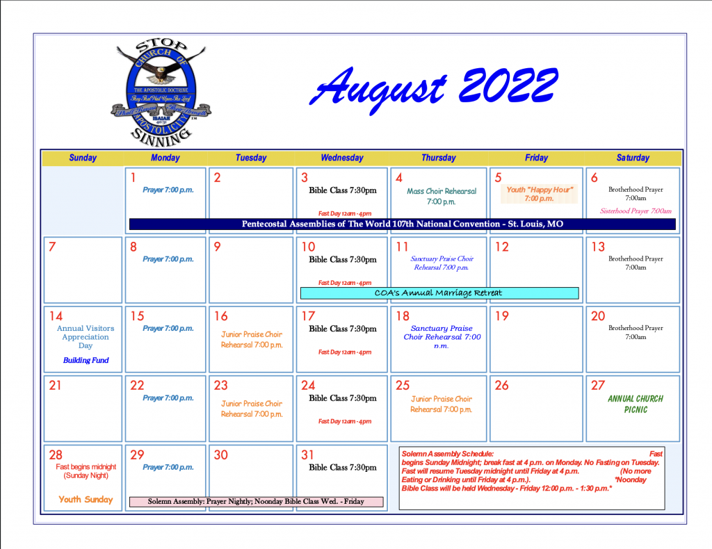 Online Calendar Church of Apostolicity Inc.